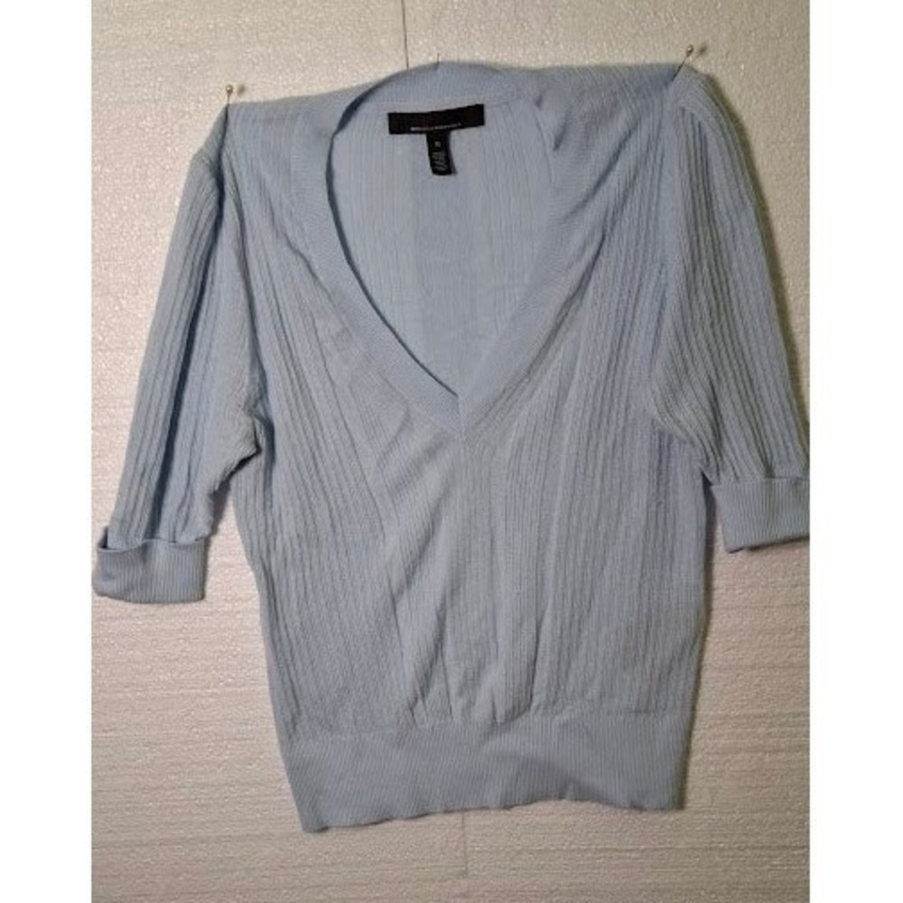 White House Black Market Light Blue Ribbed V-Neck Cashmere Blend Sweater Top M